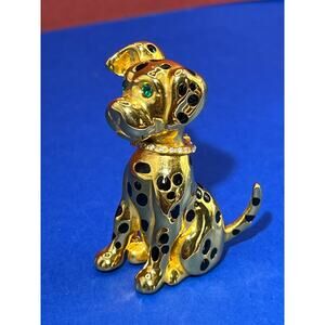 Black Enamel Gold Tone Dalmation Brooch Green Stone Eyes